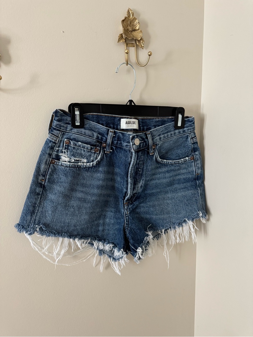 Agolde Dark Blue Frayed Hem Denim Shorts